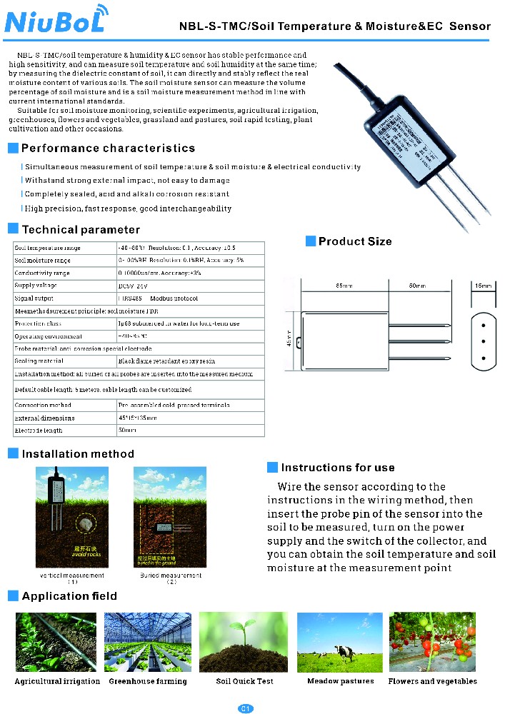 Sensor de temperatura, humedad y CE del suelo NiuBoL